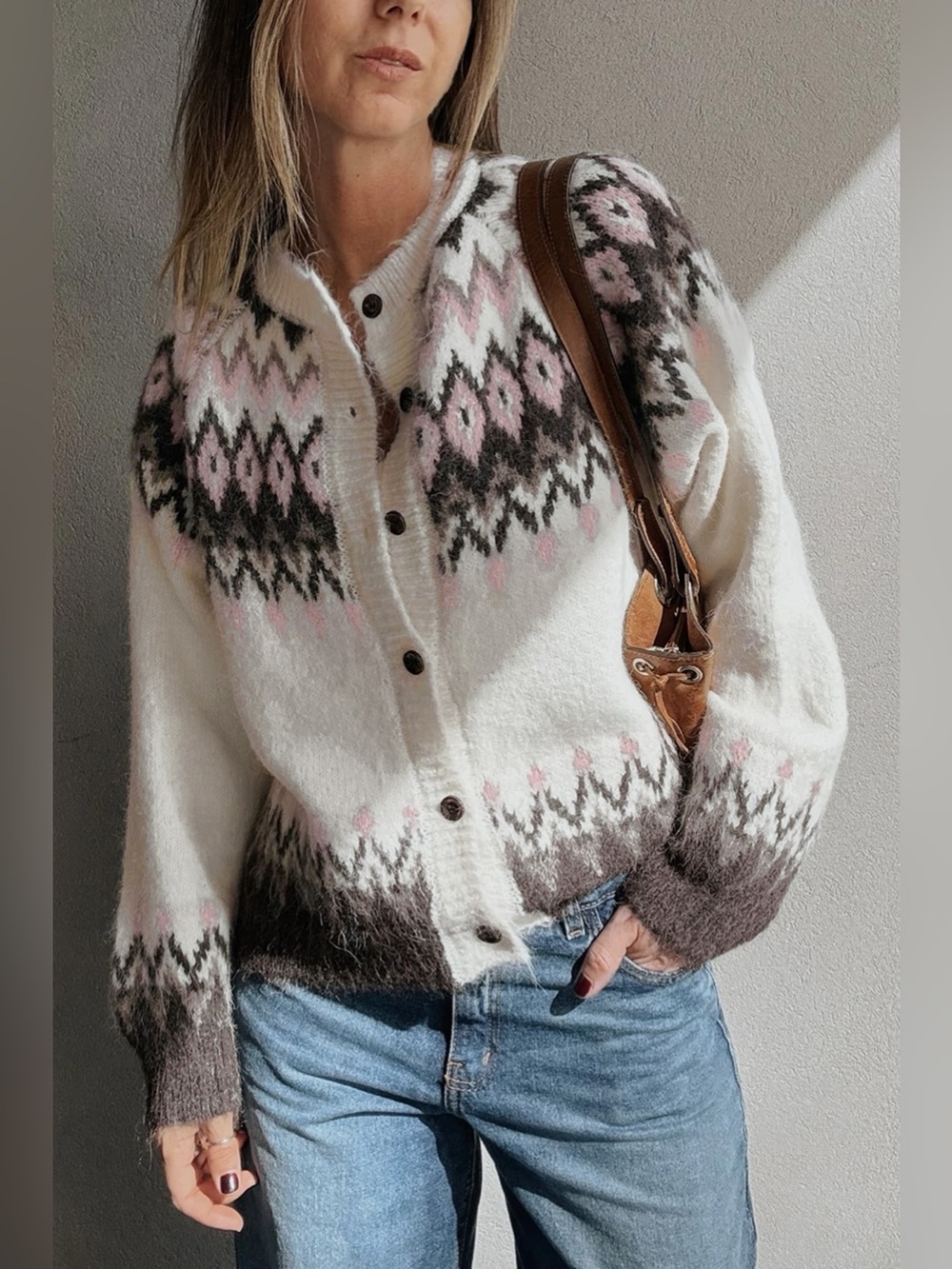 Geometric Pattern Brushed Knit Button Cardigan